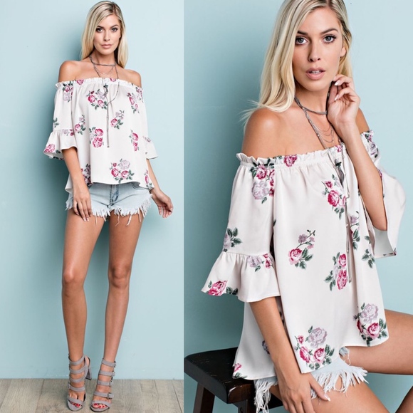 Bellanblue Tops - PRE-ORDER Off Shoulder Floral Top - NATURAL